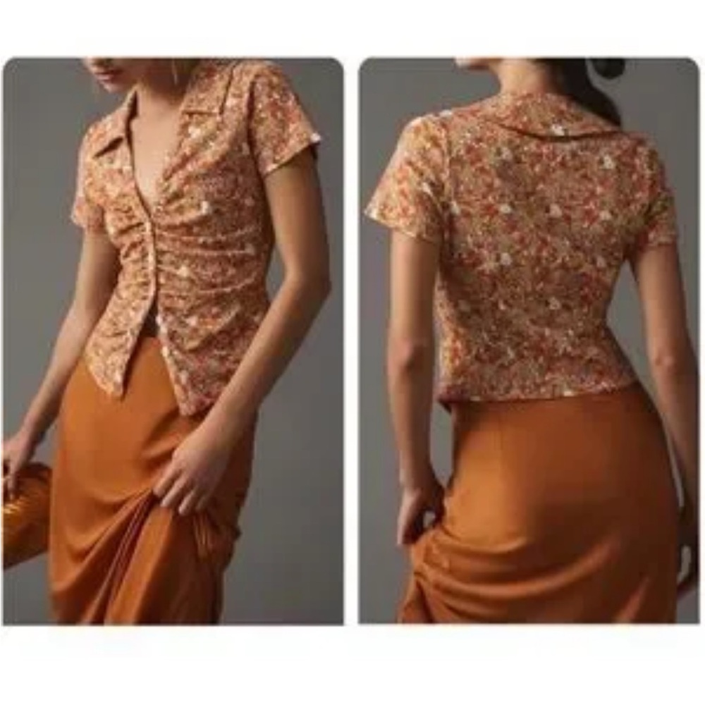 Maeve by Anthropologie Citrus Fruit Printed Button Front Ruched Blouse - Picture 6 of 6